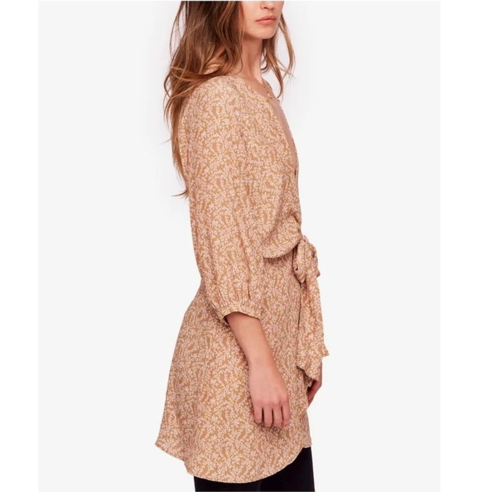 Free People Clara Floral Tie-Waist Brown Mini Tunic Dress NWT Women’s Size - S